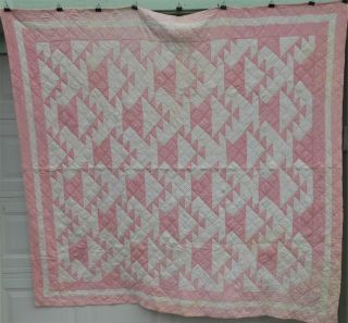 Antique Pink & White Basket Patchwork Quilt,  All Hand Stitched