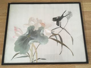 Antique Vintage Oriental Silk Embroidery Picture Birds,  Flowers Framed