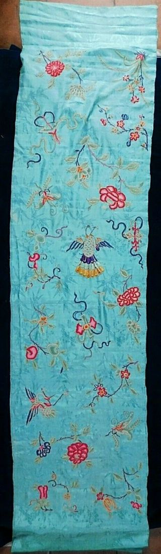 Antique 210 X 46 Cm Chinese Silk Embroidery Panel,  Forbidden Stitch Motifs
