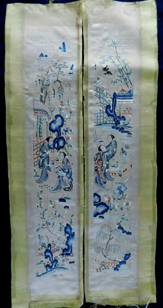 Antique Chinese Silk Embroidery Sleeve Panels,  Figures,  Birds,  Trees