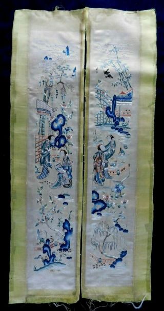 ANTIQUE CHINESE SILK EMBROIDERY SLEEVE PANELS,  FIGURES,  BIRDS,  TREES 2