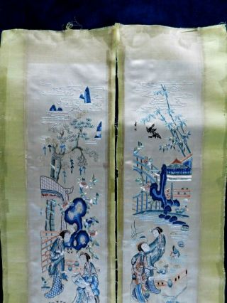 ANTIQUE CHINESE SILK EMBROIDERY SLEEVE PANELS,  FIGURES,  BIRDS,  TREES 3