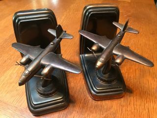 Rare Vintage 1940s Cast Bronze Trophy Craft Bomber Airplane Art Deco Bookends