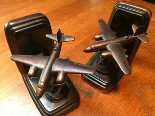 Rare Vintage 1940s Cast Bronze Trophy Craft Bomber Airplane Art Deco Bookends 2