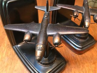 Rare Vintage 1940s Cast Bronze Trophy Craft Bomber Airplane Art Deco Bookends 3