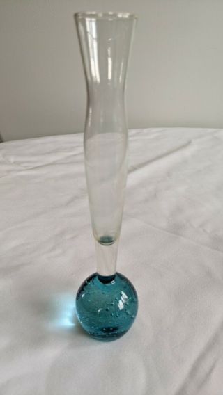 Vintage Clear Glass Bud Vase With Peacock Blue Base Bubbles (bullicante)