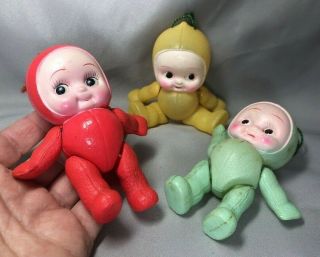 3 C 1950 Celluloid Kewpie Jointed Strung Dolls Vintage Occupied Japan Red Green