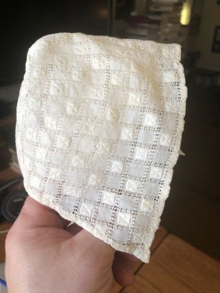 Antique Infant Lace Linen Bonnet Cap 19th Century White Quilted Block