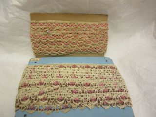 2 Antique Fancy Lace Trim 1 W/ Pink Silk Made In England On Cardboard