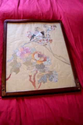Antique Hand Embroidered Framed Silk Picture,  Oriental Work