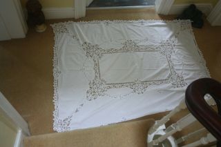 Lovely Vintage White Cotton Tape Lace Tablecloth 64 " X 50 " Immaculate 5474
