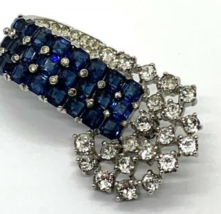 Gorgeous Vintage Signed Jomaz Sapphire Blue & Clear Rhinestone Rhodium Brooch