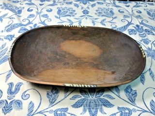 Antique Primitive African Wooden Oval Dough Bowl With Bone Inlay