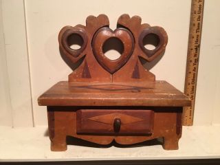Unusual Primitive Folk Tramp Art Inlay Dresser Box W/ Hearts Aafa Legs
