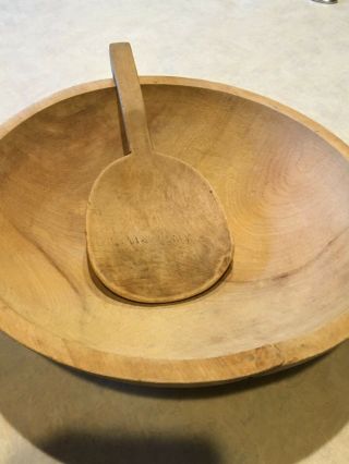 Antique Primitive Wooden Dough Bowl And Paddle - 12 Inch