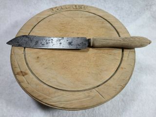 Victorian English Wood Round Bread Board And Knife " Bread " Carved Into Rim