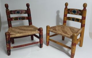 2 Vintage Mexican Folk Art Painted Child Size Wood Chairs Woven Wicker Seat