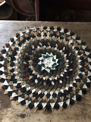 Rare Early Antique Handmade Layered Table Rug Brown Green Folk Art Textile Aafa
