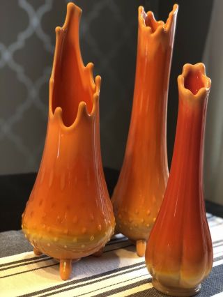 3 Vintage Mid Century Bittersweet Orange Vases
