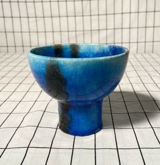 Vintage Guido Gambone Blue Pottery Chalice Vase Bowl Vintage Italy Mcm Designer