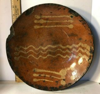 Antique Primitive Large 10 " Slip Decorated Pennsylvania Redware Plate Cond