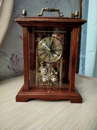 Vintage Marsellus Wood Brass Quartz Casket Carriage Shelf Mantel Clock Rare