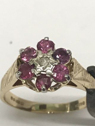 Vintage 9ct Gold Natural Ruby & Diamond Cluster Ring Size M London 1976