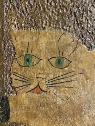 Antique American Primitive Folk Art Cat Painting Wood Carving Ca 1900