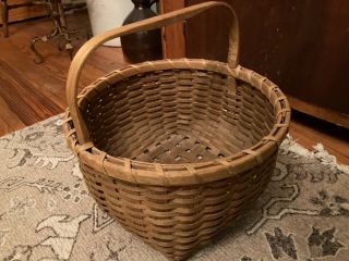 Antique Primitive Round Split Oak Wood Gathering Basket W/ Handle 13 " T - 14 " D