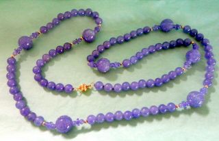 Vintage 14k Lavender Jade Carved Bead Estate 36 " Long Necklace 104 Grams