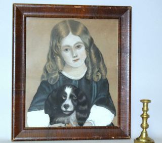 A Great 19th C Pastel/paper Portrait Of A Young Girl And Her Dog Circa 1853