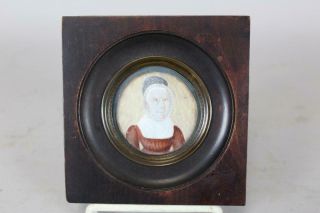 Great Miniature 19th C Oil/bone Portrait Of A Woman In A Red Dress And Bonnet