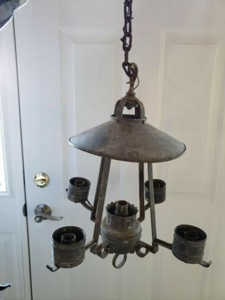 Large Primitive Antique Tinware 5 Candle Lamp Tin Hanging Light Late 18th C