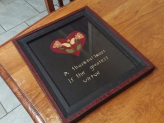 Primitive Framed Felt Stitched Wall Hanging A Thankful Heart
