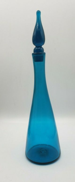 Vintage Blenko Decanter Aqua Blue/green Glass With Stopper 11 - 3/4 " Tall