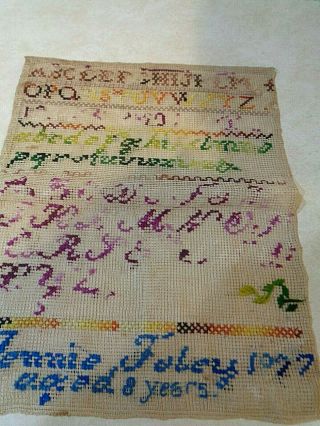 19th Century Folk Art Alphabet Sampler 1899 Jennie Foley Unfinished No Frame