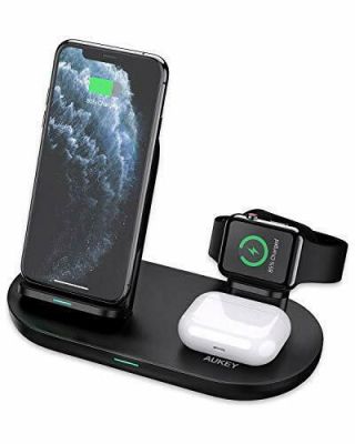 Aukey 3 In 1 Wireless Charging Station Stand Charging Dock For Iphone 12/12 P.