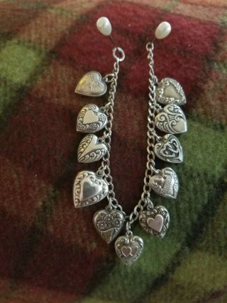Vtg Sterling Silver Repousse Puffy Heart Charm Bracelet 11 Charms 16.  94 Grams
