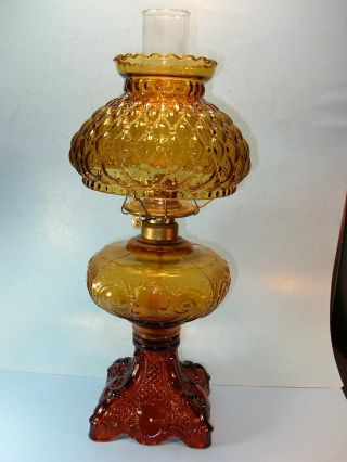 Vintage Oil Table Lamp W/ Amber Glass Base And Quilted Amber Shade