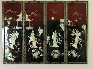 4 Piece Vintage Asian Mother Of Pearl Black Wall Panels Women In Dresses