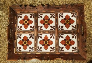Vintage Carved Wood And Ceramic Tile Serving Tray Brown Orange White 18 X 13