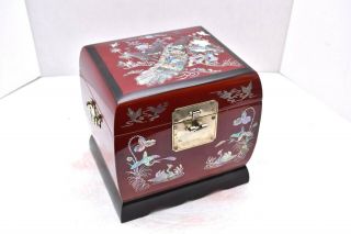 Rare Vintage Mother Of Pearl Inlay Chinese Red Lacquer Jewelry Box