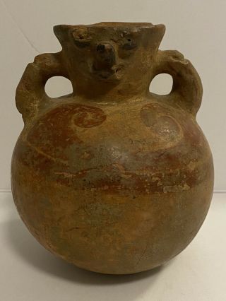 Ancient Pre - Columbian Effigy Pottery Vessel Two Handle Face Jug
