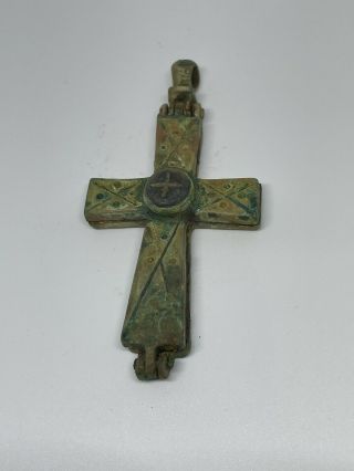 Byzantine Ancient Bronze Cross Encolpion With Intaglio Gem Stone 200 - 100ad