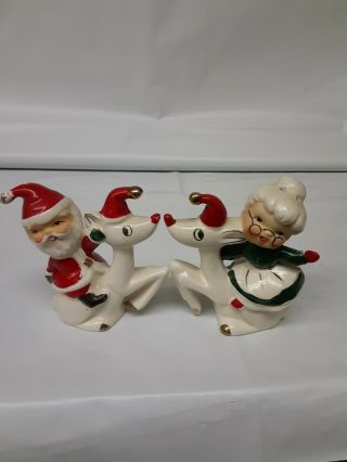 Vintage Lefton Santa And Mrs Claus Sitting On Reindeer Salt And Pepper Shakers