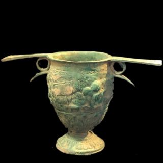 RARE ANCIENT ROMAN BRONZE HUGE WINE DRINKING VESSEL WITH SCENES - 200 - 400 AD 3