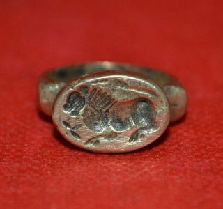 Ancient Roman Bronze Seal Ring With Depiction Of A Beast Rare Artifact Authentic