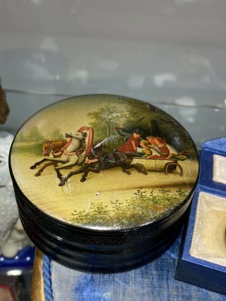 Antique Russian Hand Painted Vishnyakov Lacquer Box Caddy Troyka Scene