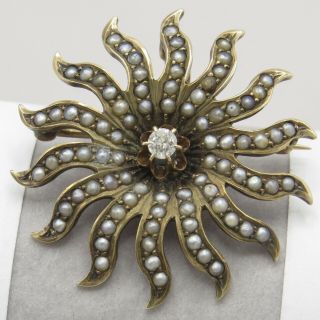 Antique Victorian 10k Gold Seed Pearl Diamond Sun Brooch Pin Pendant
