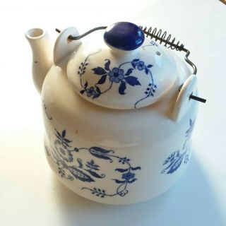 Vintage Ceramic Tea Pot Blue Floral On White Metal Handle With Lid Japan